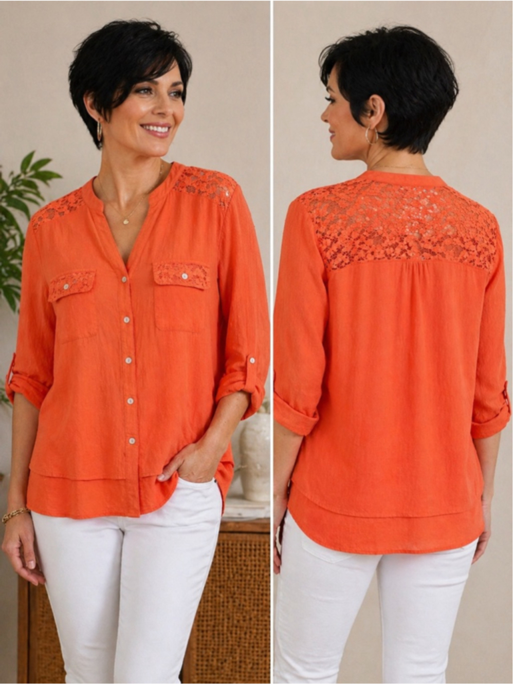 Notations Coral Lace Blouse Size Large Button Front Roll Tab Sleeve Lightweight